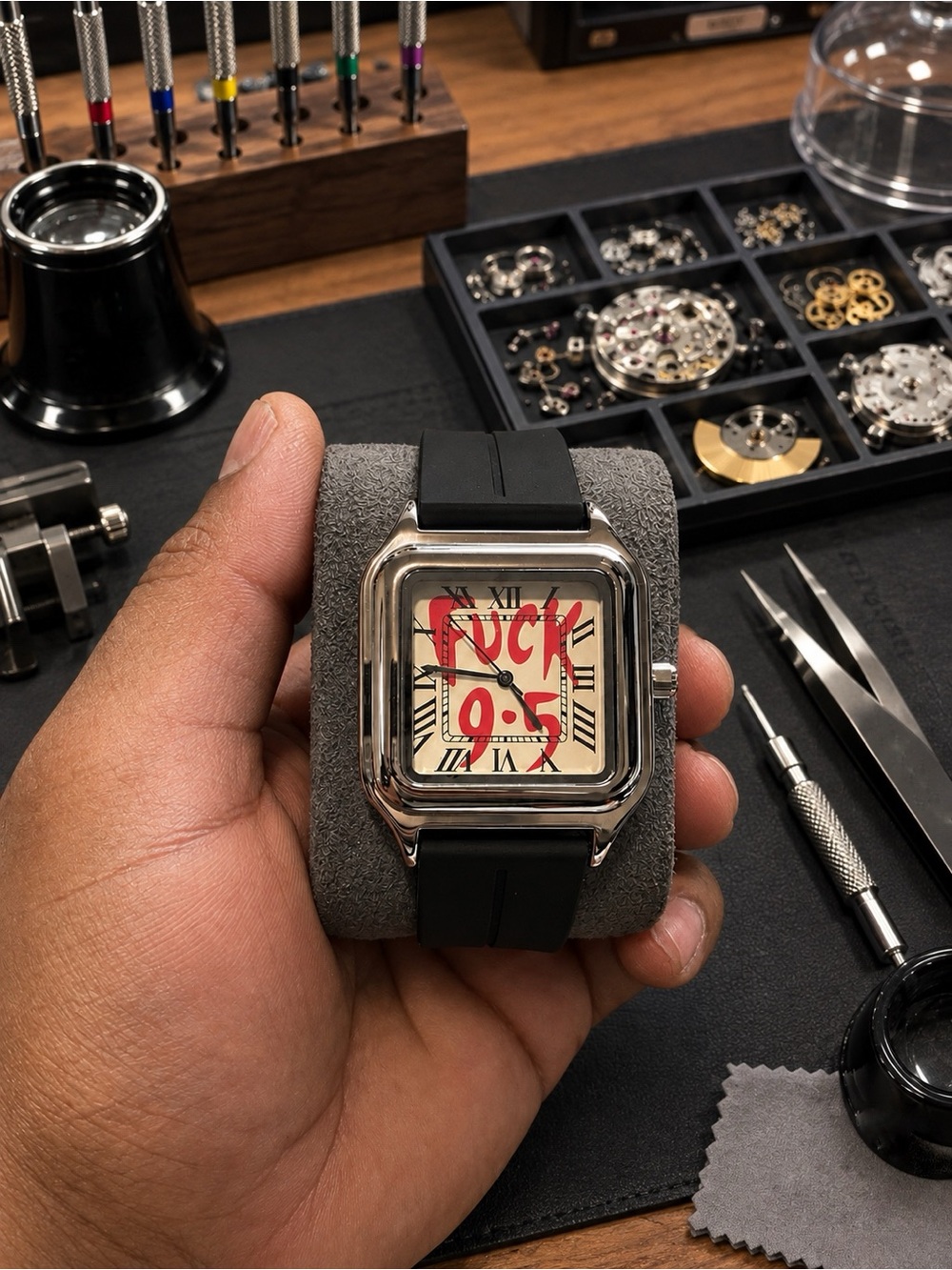 Black Strap Square Dial Men's Watch with Red Accent